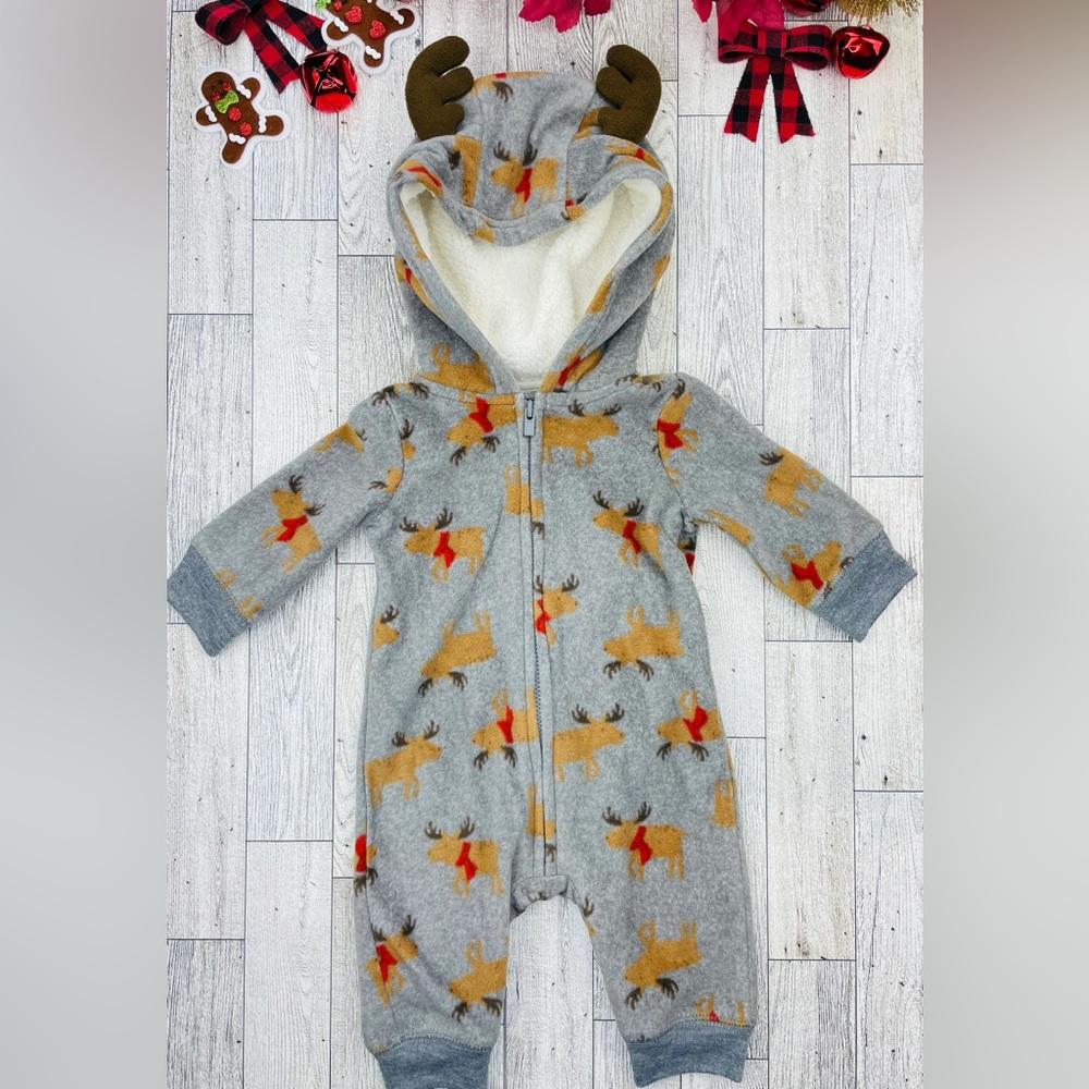 Carter’s grey reindeer romper with hoodie and antlers